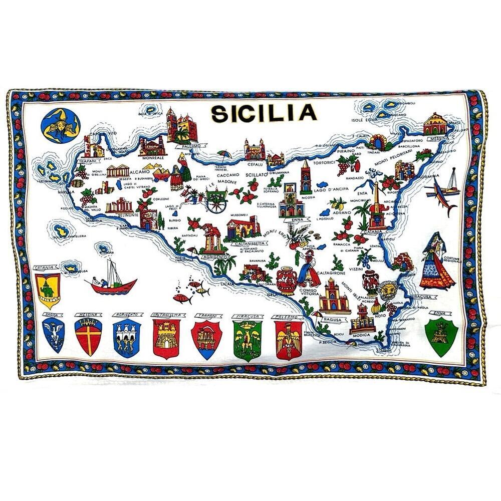 Vintage Sicilia Cotton Tea Towel Souvenir Wall Hang Map Landmark Tapestry Italy